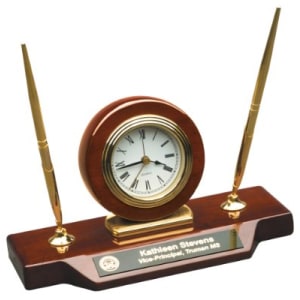 Piano Finish Desk Clock on Base with 2 Pens